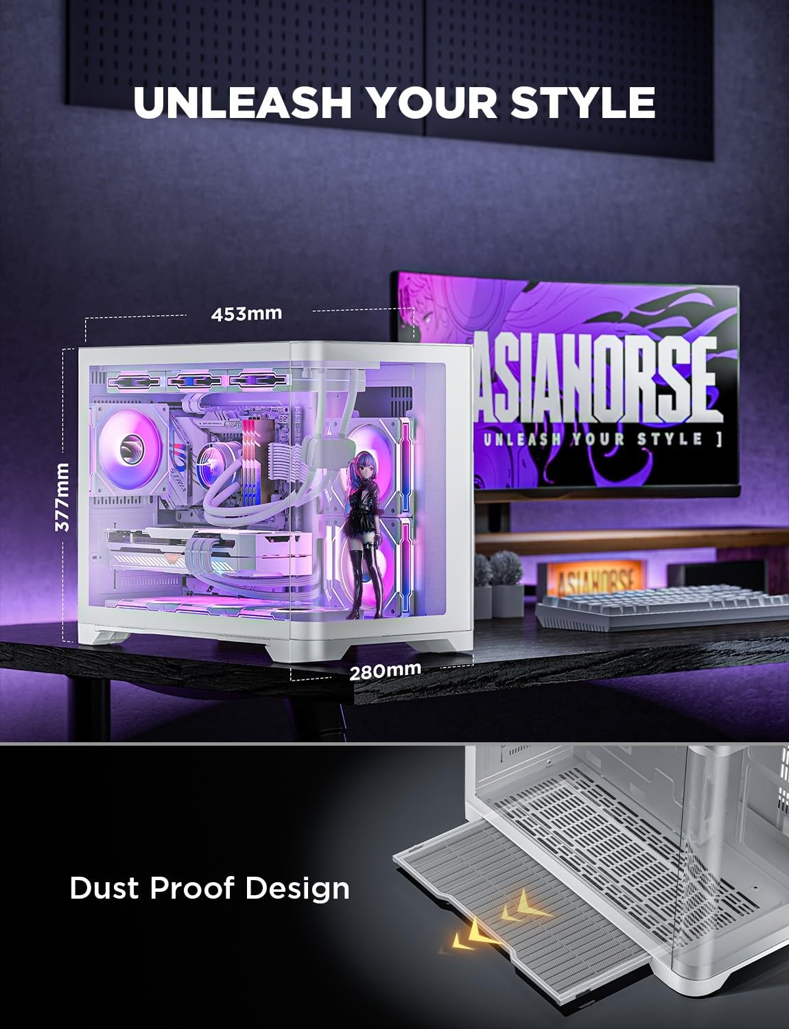 AsiaHorse Pegasus Micro ATX PC Case Dual Chamber 270° Full View Tempered Glass Huge Space MATX Gaming PC Case-360mm Radiator, RTX 40 Compatible, High Airflow Full-Tower MATX Computer Cases-White