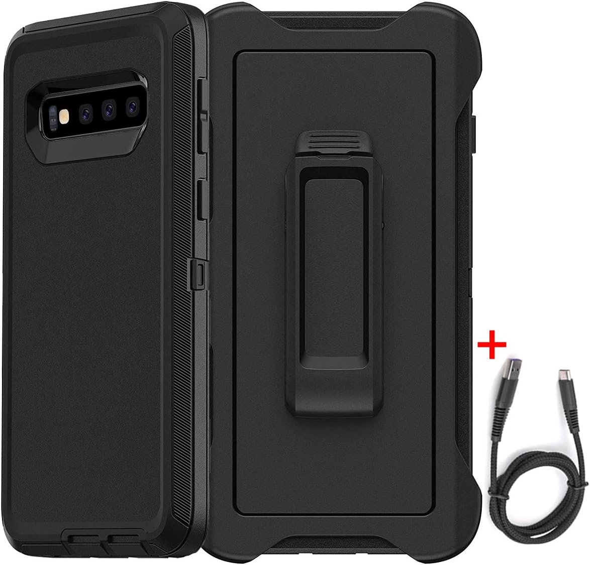 Kuool Compatible Samsung Galaxy S10 Plus Case +(Gift Type C Cable 3FT) Defender Series [Shockproof] [Drop Protection] [Heavy Duty] Tough Rugged Hybrid Hard Shell Cover Case with Belt-Clip