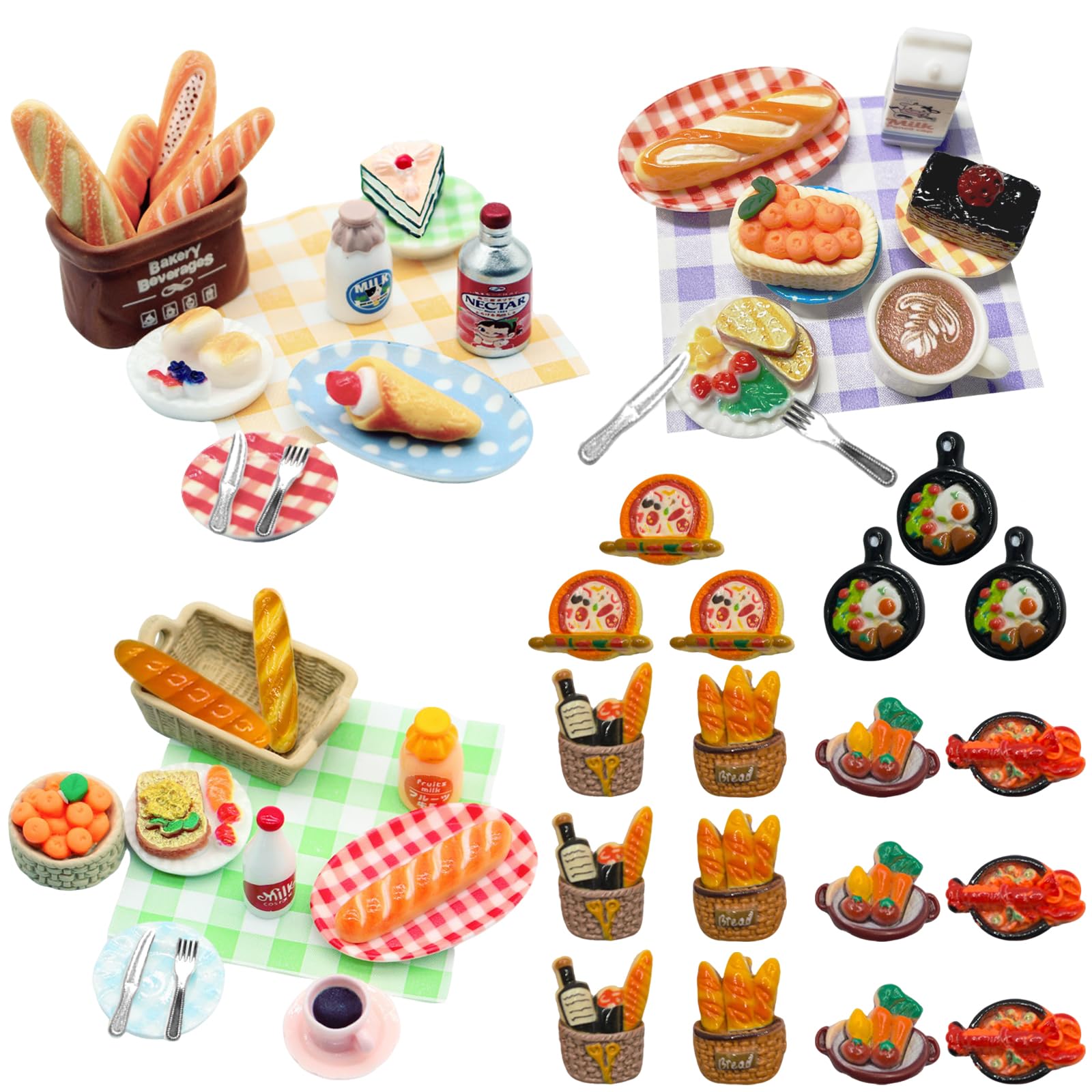 Dolls House Accessories Food Drink - 61 PCS Mini Cake Coffee Fruit with Plate Spoon,Toy Food Dollhouse Scene Decoration,Miniature Dessert Mini Food for Role-Playing Toys