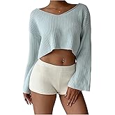Floerns Women's Long Sleeve Cropped Fall Pullover V Neck Drop Shoulder Rib Knit Sweaters Top