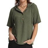 Lallabai Hoodies Sweatshirt for Women Waffle Long Sleeve Oversized Sweaters Drawstring Button V Neck Casual Pullover Tops