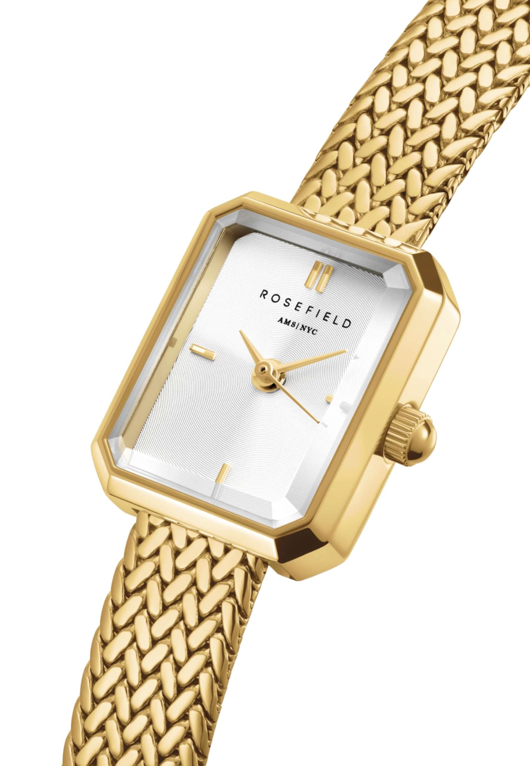 Rosefield Mini Octagon Damenuhr – Gold Mesharmband – Damen Uhr mit Weißem Zifferblatt – Edelstahl – Eleganter Alltag Luxus