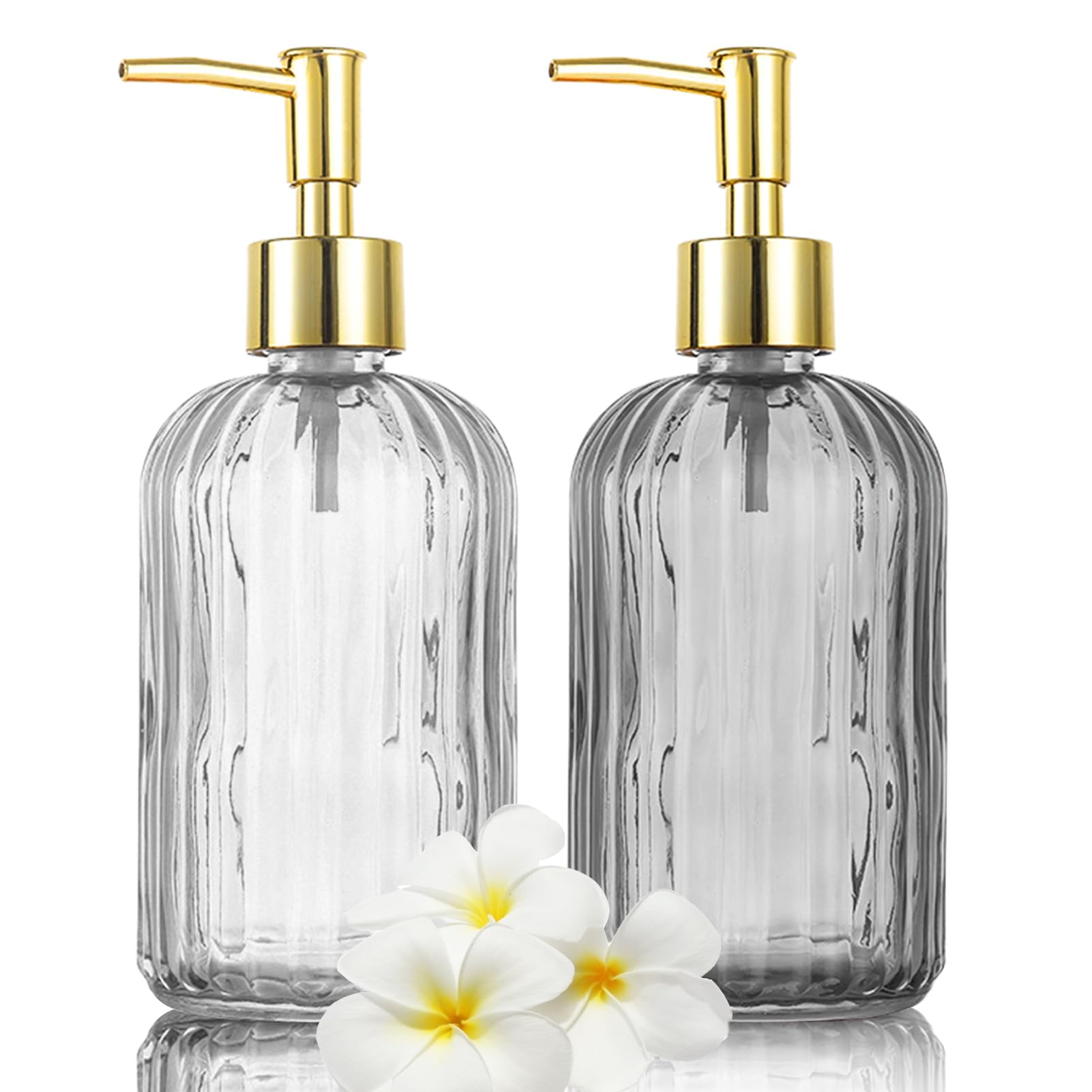 Glass Soap Dispenser Bottle with Pump, Versatile 14 Oz Dripless Pump Bottle, Refillable Liquid Hand Jar Dispenser for Bathroom, Countertop, Kitchen, Laundry Room (1Clear,1 Grey, 2 Pack)