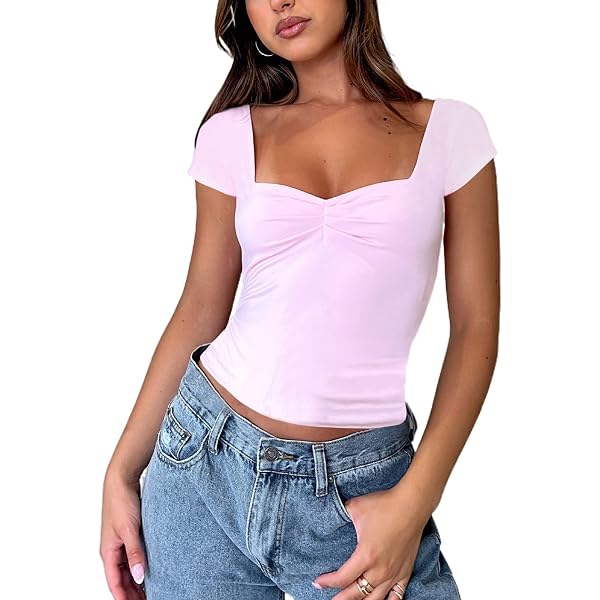 Zoyami Women's Square Neck Crop Top - Ribbed Knit Short Sleeve Tee, Sweetheart Neckline - View #11