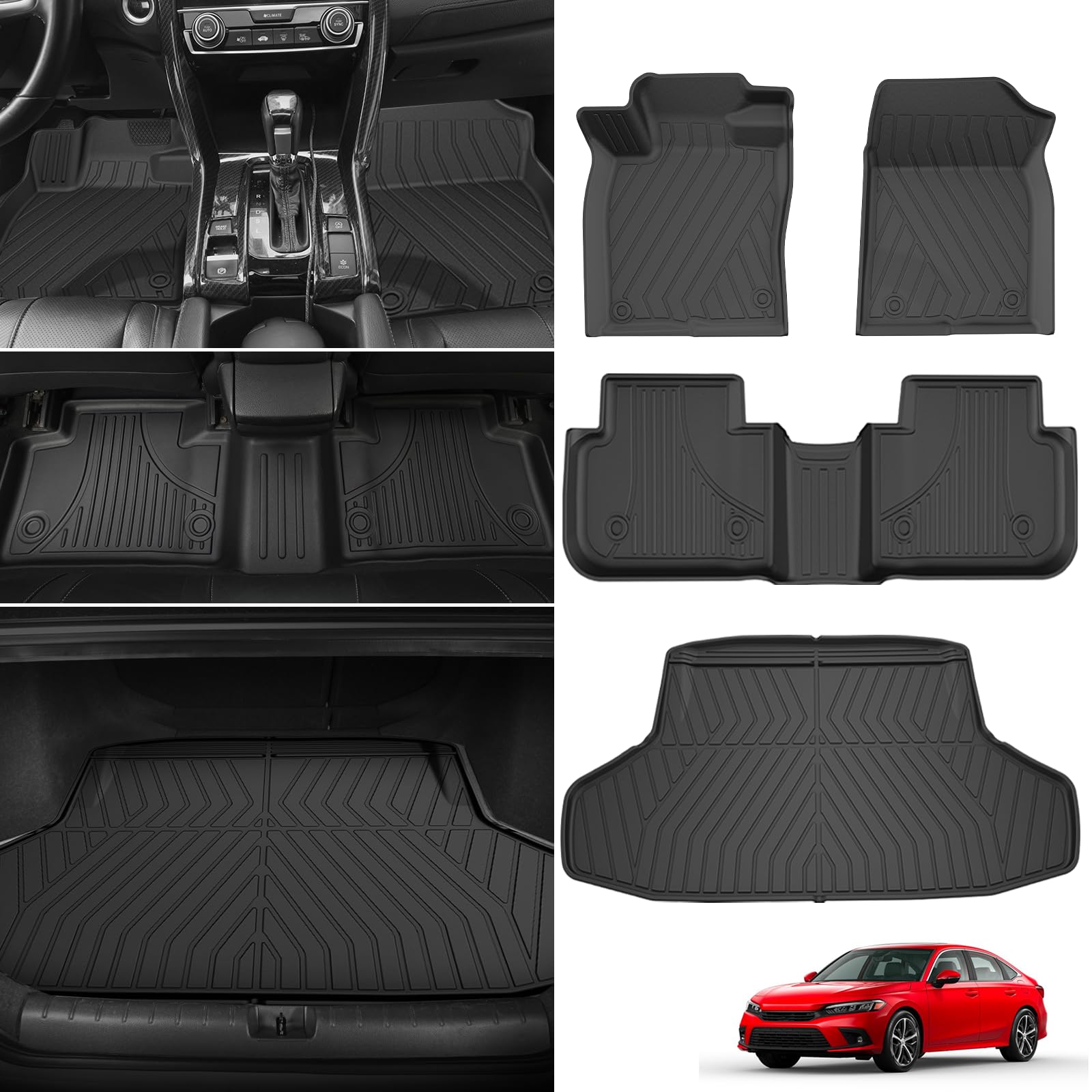 Fit for 2026 2025 2024 2023 2022 Honda Civic Sedan Si Floor Mats & Cargo Liner: All Weather TPE Car Floor Liners with Trunk Mat - 1st & 2nd Row & Cargo Car Mat Full Set Black (Not for Hatchback) Image