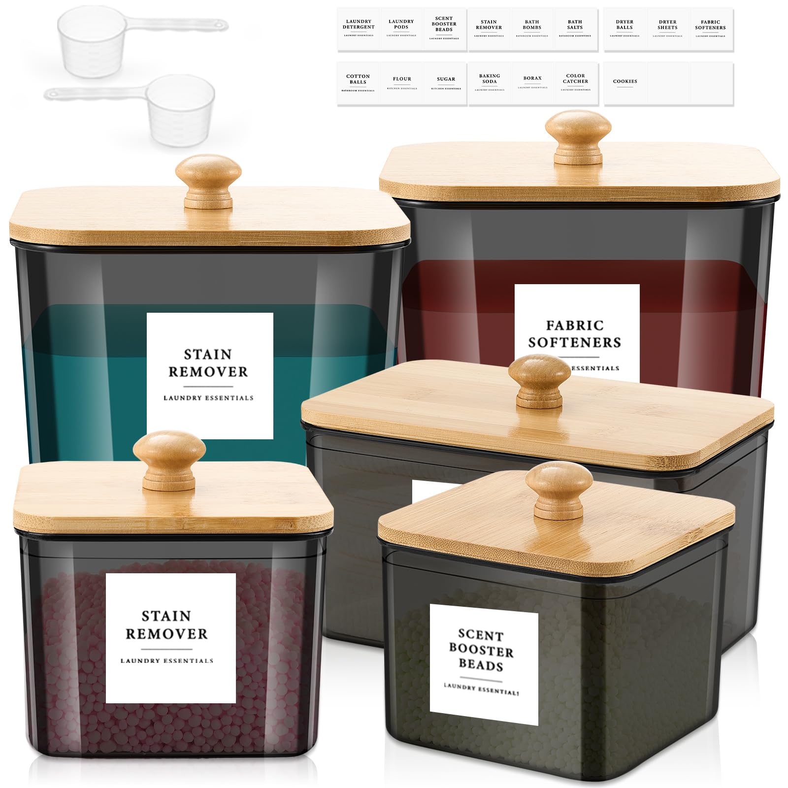 Photo 1 of Cinnvoice 5 Pcs 3 Sizes Laundry Powder Container Plastic Laundry Organizer and Storage Jars with Lids Scoops and Labels Laundry Detergent Storage for Laundry Room Organization