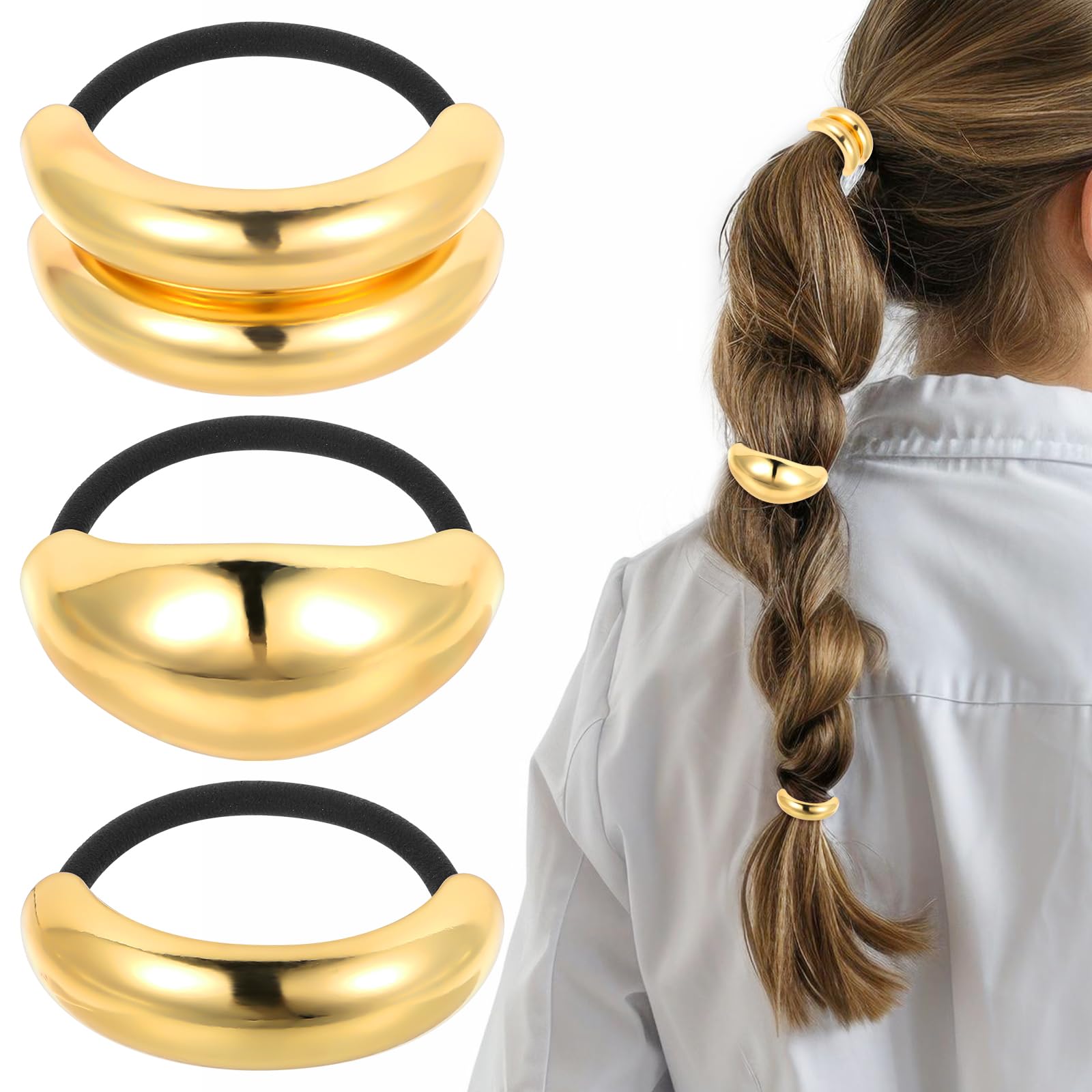PEOVLVN 3 Pcs Hair Cuffs for Ponytails, Gold Hair Ties Fashion Glossy Gold Hair Cuffs Metal Hair Tie Ponytail Cuff Elastic Hair Ties for Women Long Hair Ponytail Holder Hair Accessories