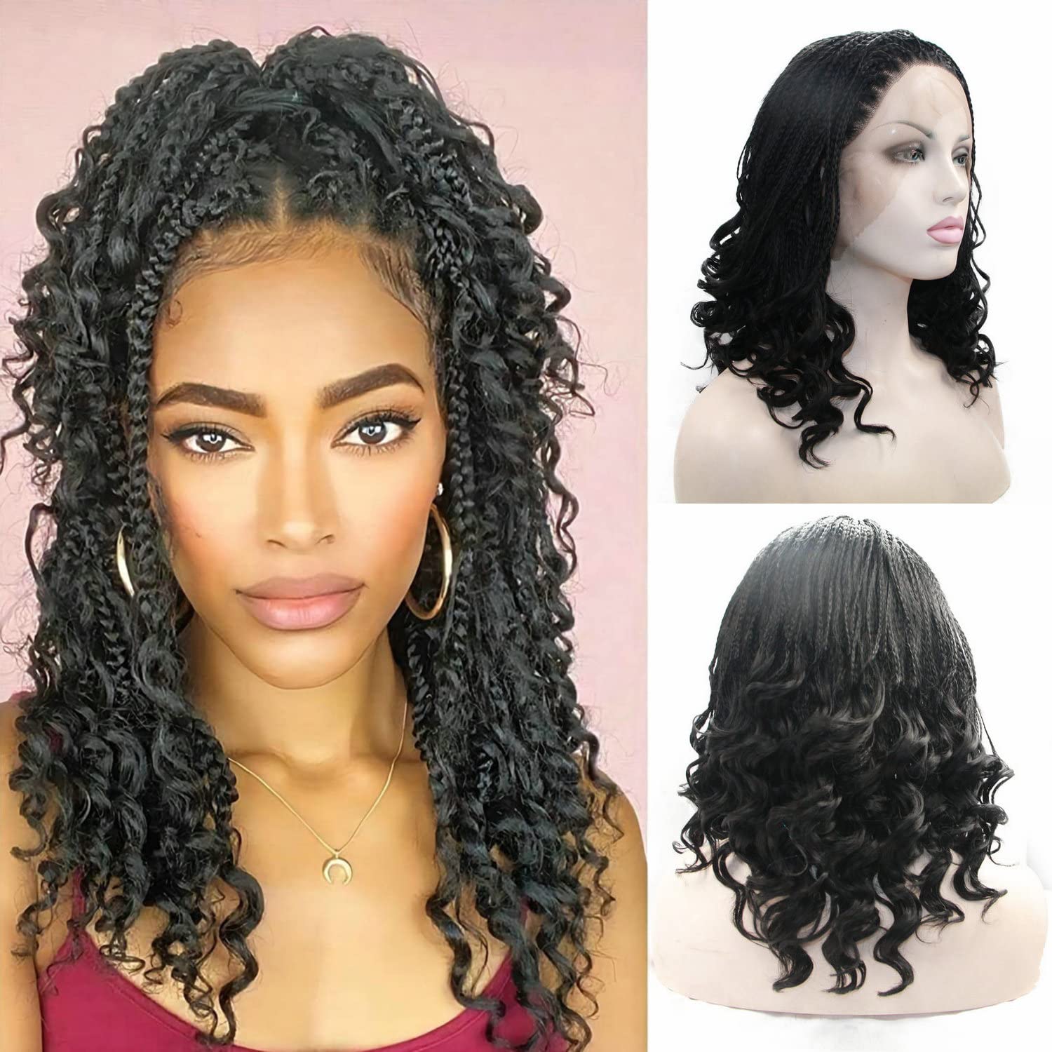 16" Box Braided Wig for Women Natural Black Synthetic Hair Medium Length 1B Black Braids with Curly Ends Synthetic Lace Front Wig for Black Women Crochet Boho Box Braids Party Cosplay Holiday