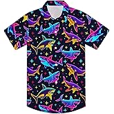 RAISEVERN Boys Button Down Shirts Hawaiian Cartoon Print Slim-Fit Short Sleeve Cool Dress Shirt Cute Top for Kids(2-10T)