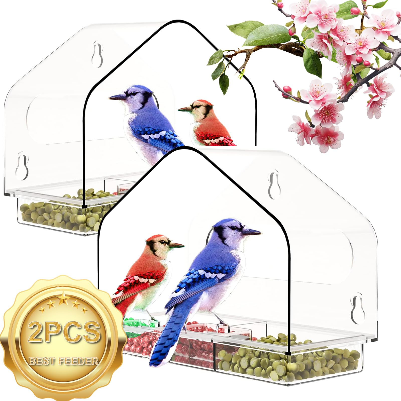 Photo 1 of 2 Pack Window Bird Feeder with 3 Strong Suction Cups, Clear Transparent Acrylic Bird Feeders for Outdoors Viewing, Squirrel Proof Birdfeeder, Drain Holes, Removable Tray, Large Seed Capacity
