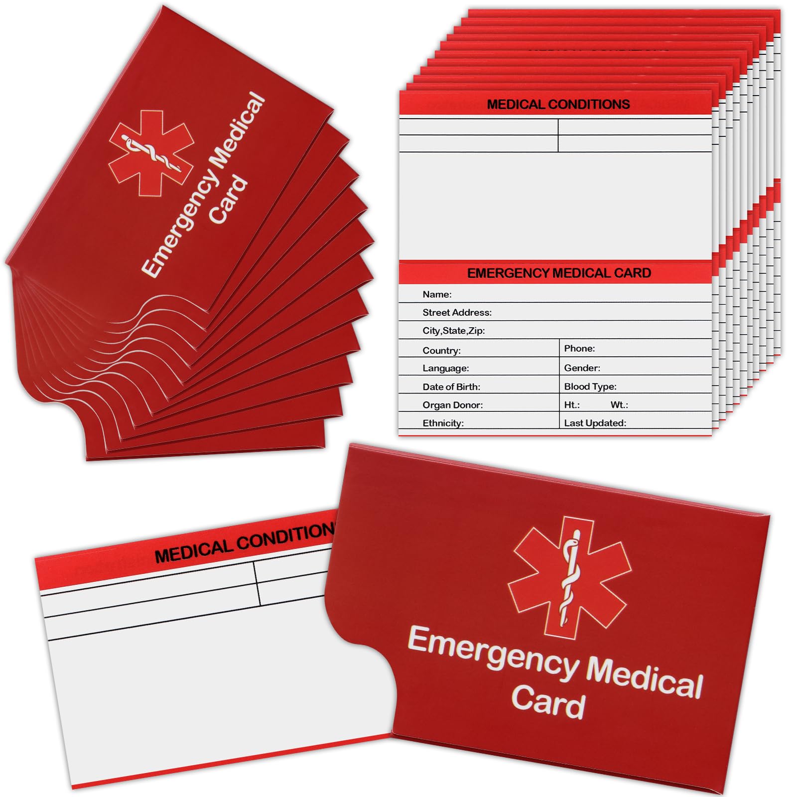 Photo 1 of 12 Pack Red Emergency Contact ID Wallet - Pocket Size, Medication List, Caretaker Cards