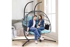 YOLENY Double Rattan Swing Egg Chair with Side Pockets, Foldable Hanging Egg Chair with Stand, Outdoor and Indoor Egg Chairs with Blue Cushions for Patio, Balcony, Garden