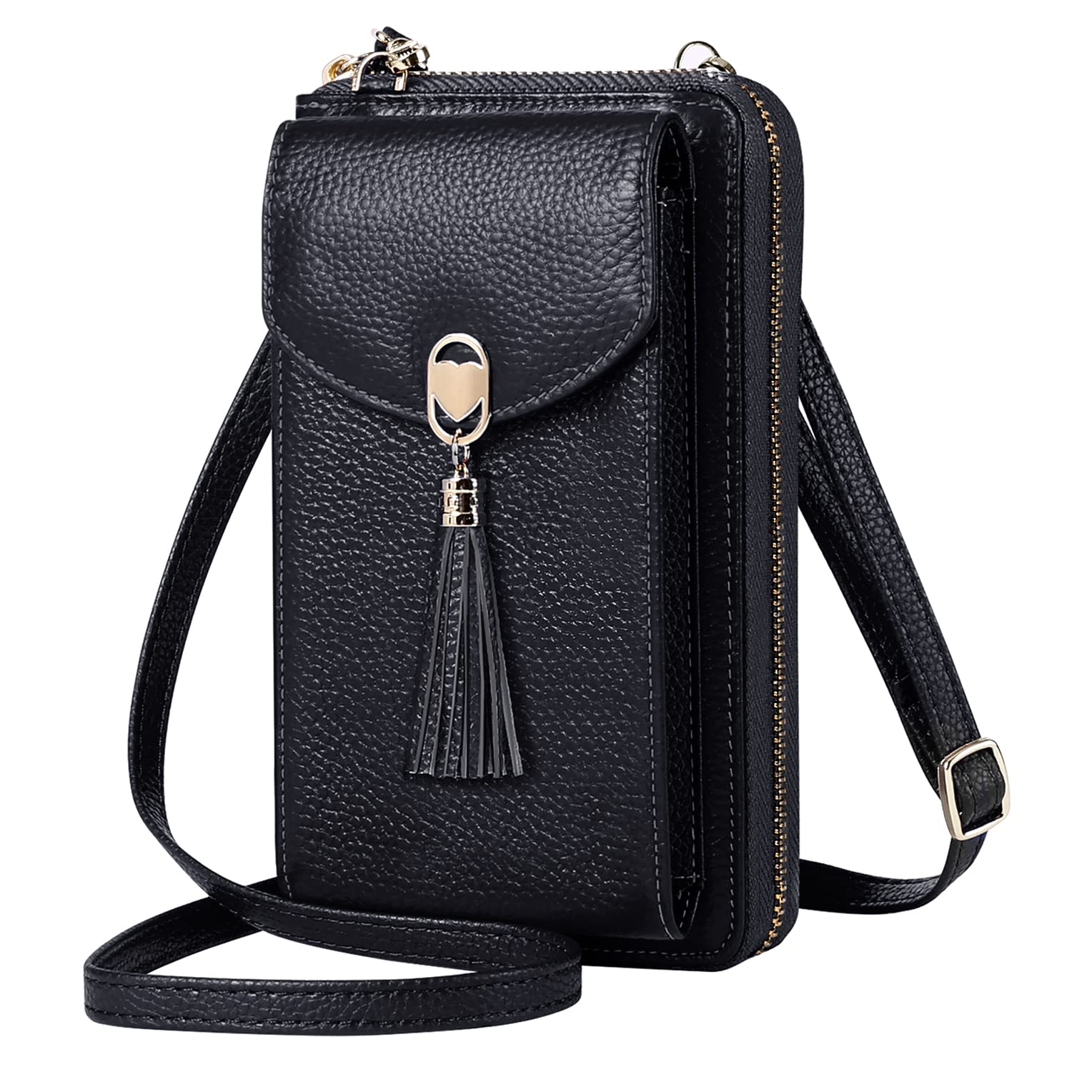 BTNEEU Crossbody Phone Bag Women RFID Blocking Genuine Leather Mobile Phone Bags with 12 Card Slots Multi Compartment Cell Phone Wallet with Zip Coin Pocket Small Shoulder Bag Purse Handbag (Black)
