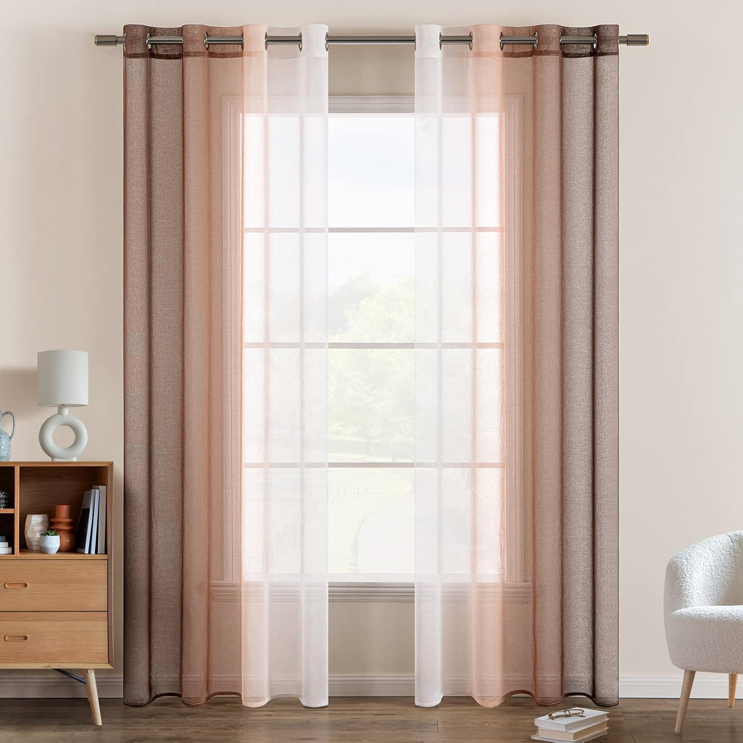 EMEMA Voile Curtain Two-Tone Curtain with Eyelets Transparent Curtain Eyelet Curtain Window Curtain Translucent for Bedroom Set of 2 140 x 245 cm White Light Coffee