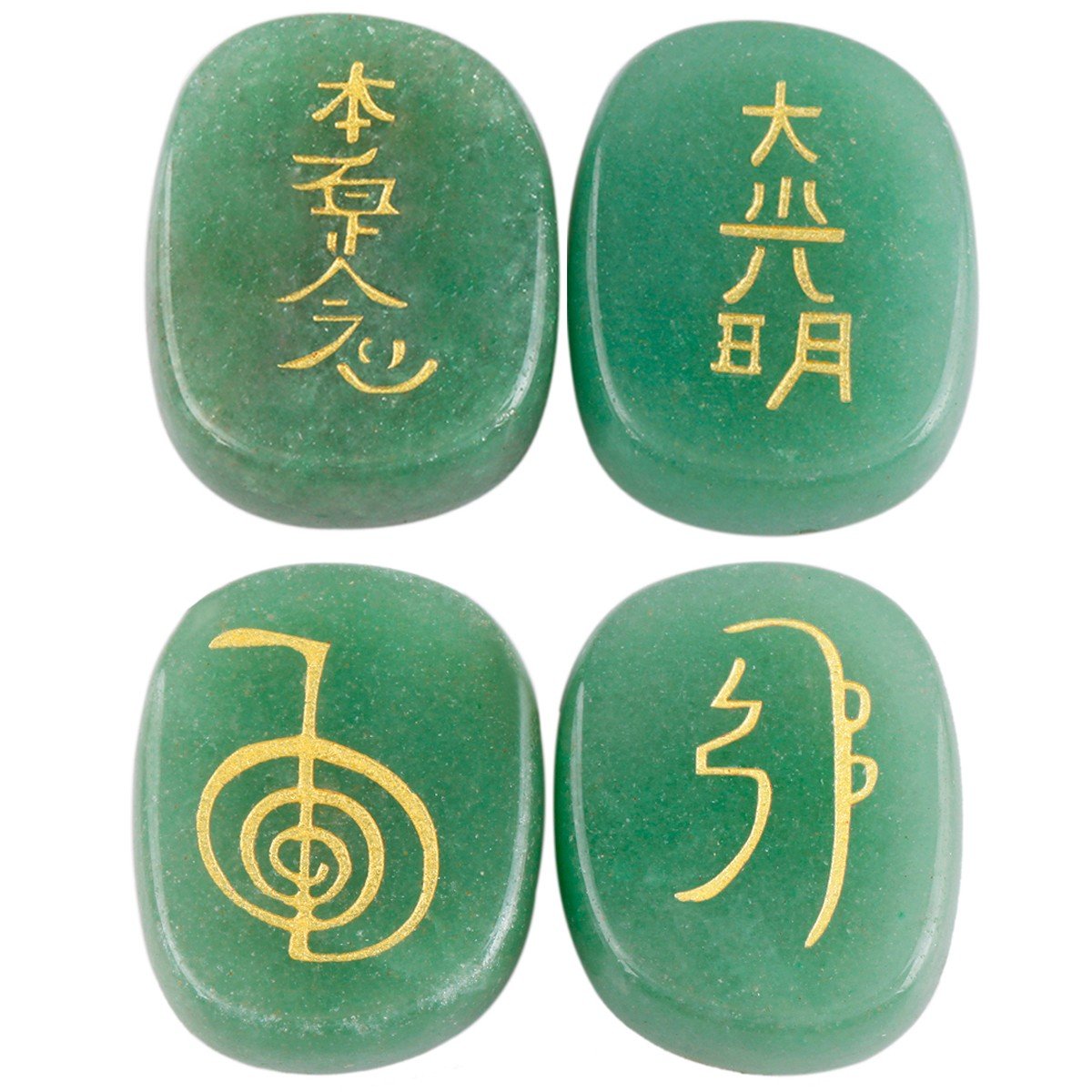 mookaitedecor 4 Piece Green Aventurine Stones Engraved Chakra Symbols Polished Palm Stones for Reiki Crystal Healing