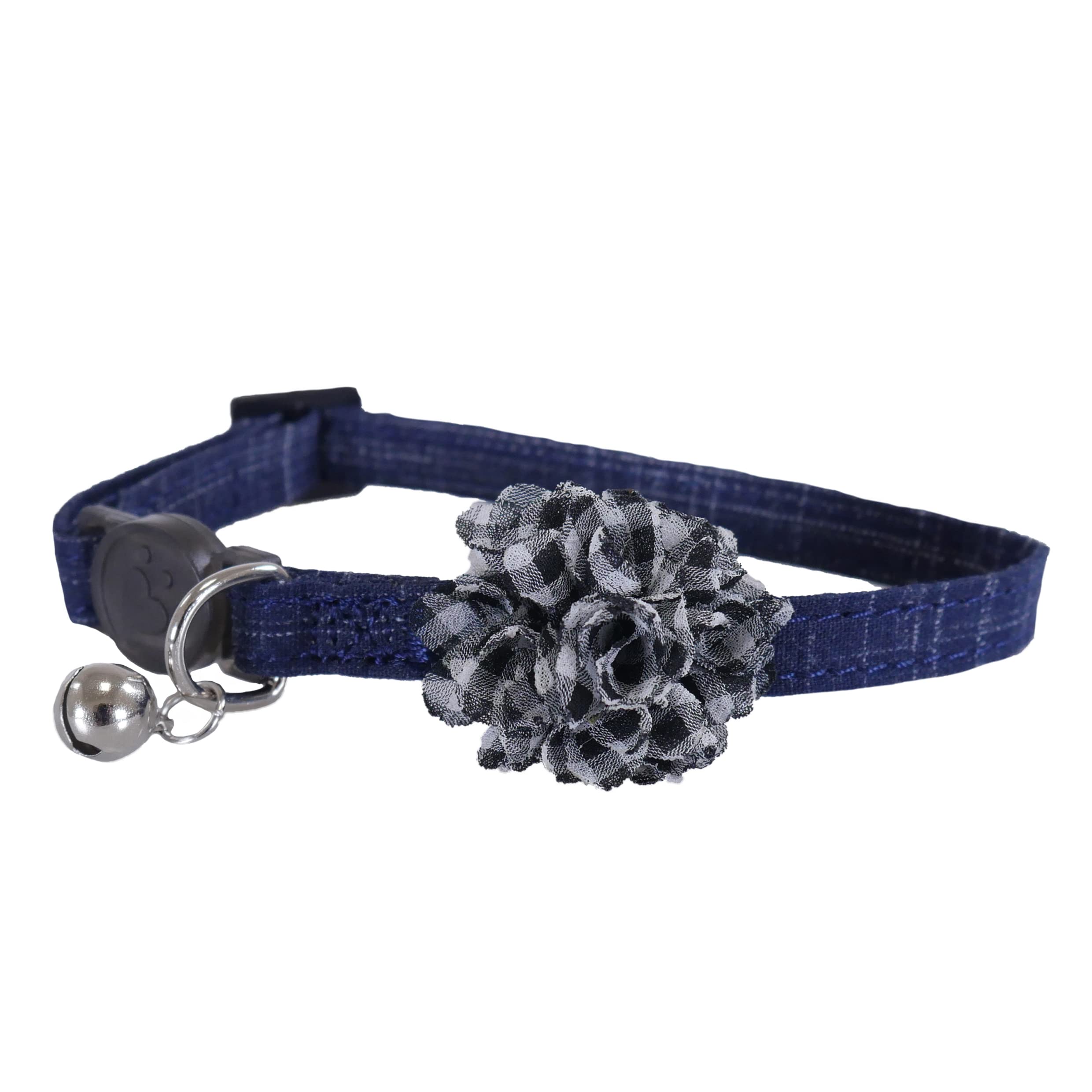 Rosewood Designer Blue Scrunch Cat Collar, Blue Denim with Black & White Gingham Scrunch, Adjustable with Quick Release, Stylish Cat Collar with Bell for Cats & Kittens, Durable & Fashionable