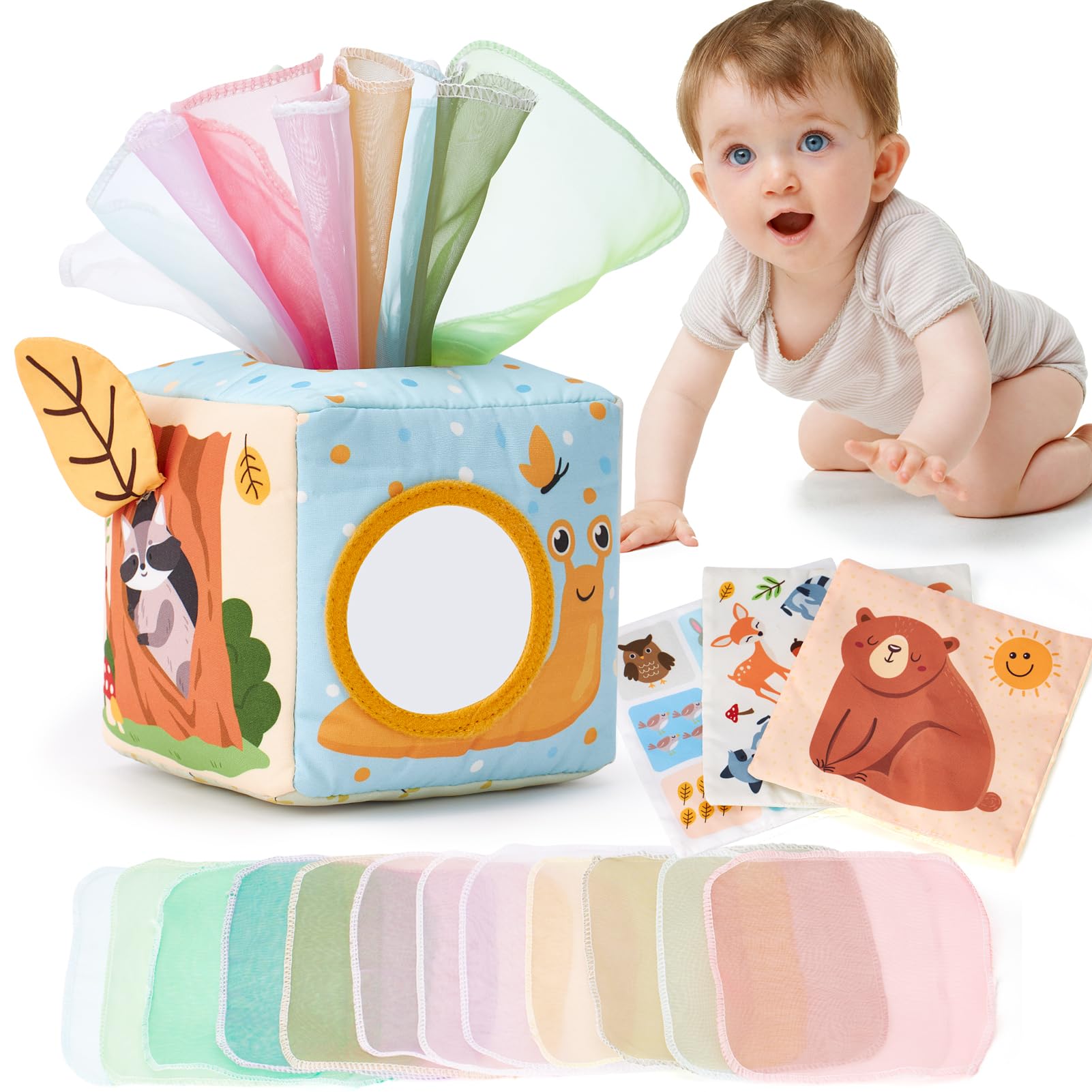 Photo 1 of hahaland Baby Tissue Box Toy - Baby Toys 6-12 Months Montessori Toys for 6 Month Old Must Haves - Babies Boy Girl Gifts Baby Easter Basket Stuffers 6 9 12 18 Months Old Sensory Pulling Play Scarf Toy