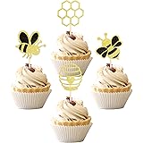 36 PCS Bumble Bee Cupcake Toppers Glitter Bee Gender Reveal Honeycomb Cupcake Picks Baby Shower Birthday Party Cake Decoratio
