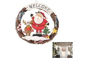Wooden Welcome Rattan Wreath for Front Door - Rustic Christmas Wall Hanging Holiday Sign, Santa Claus Decorations，Festive Por
