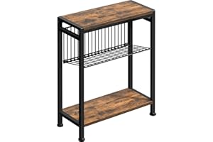 HOMEDAWN Small Side Table for Small Space, 3-Tier Narrow End Table with Magazine Holder,Slim Nightstand, Skinny Snack Couch Table in Living Room, Bedroom Study and Balcony (Rustic Brown &Black)