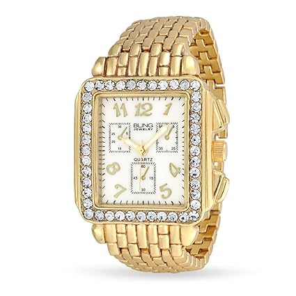Bling Jewelry Gold Plated Metal Band Crystal Art Deco Style Chronograph Watch