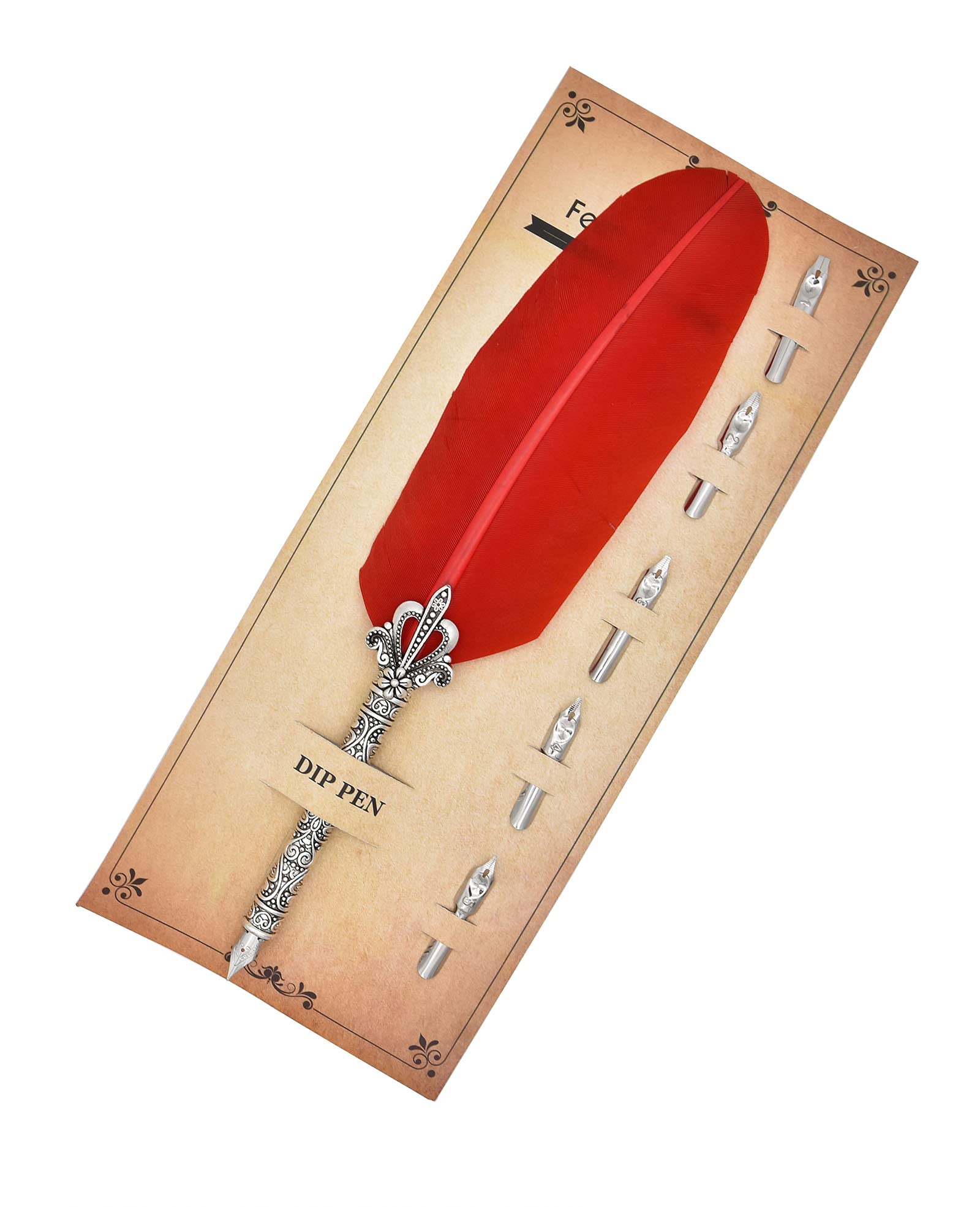 Gullor Calligraphy Feather Quill Pen and 5 Calligraphy Nibs for Beginners Kids Calligraphy Writing Quill Dip Pen Set, Red