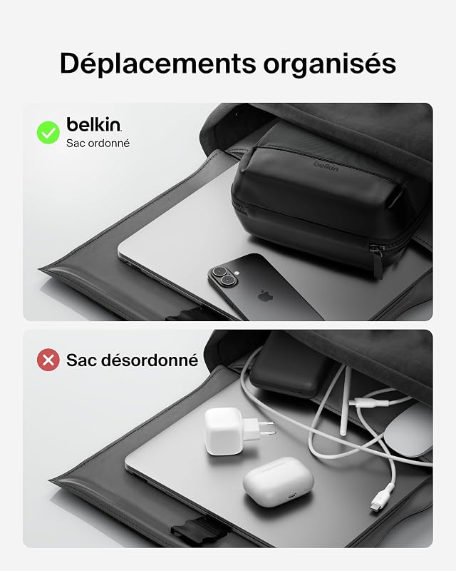 Trousse de Rangement, pour Appareils Mobiles, Câbles et Accessoires, iPhone, Batterie Externe, Chargeur Secteur, Apple Pencil, AirTag, déplacements ou Voyages, Tissu Doux au Toucher et Durable
