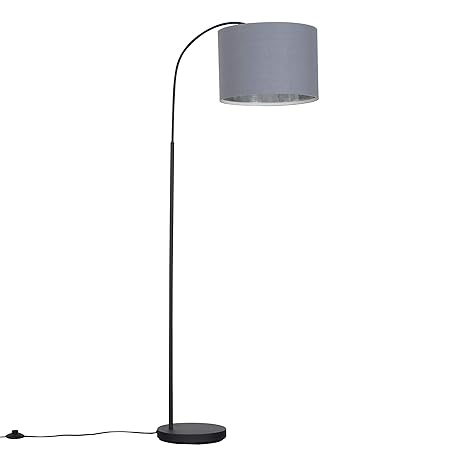 Modern Designer Style Dark Grey Curved Stem Floor Lamp With A Modern Grey And Chrome Cylinder Light Shade