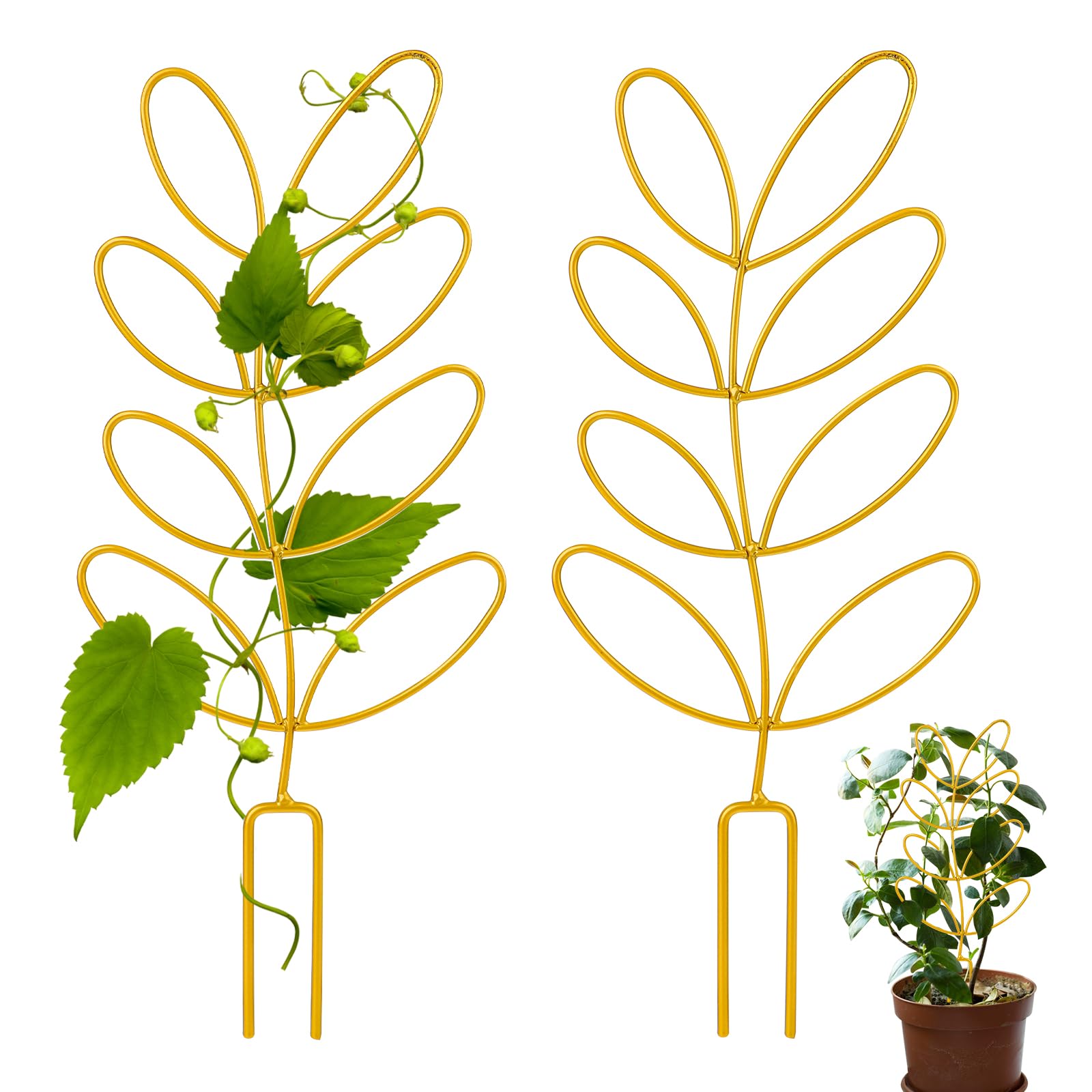 Potted Plant Trellis, 2 Pack 12'' Small Metal Plant Climber Supports Mini Garden Trellis Indoor Climbing Plants Stakes Houseplant Accessories for Hoya Vines, Pothos, Flower, Monstera - Leaf Shape