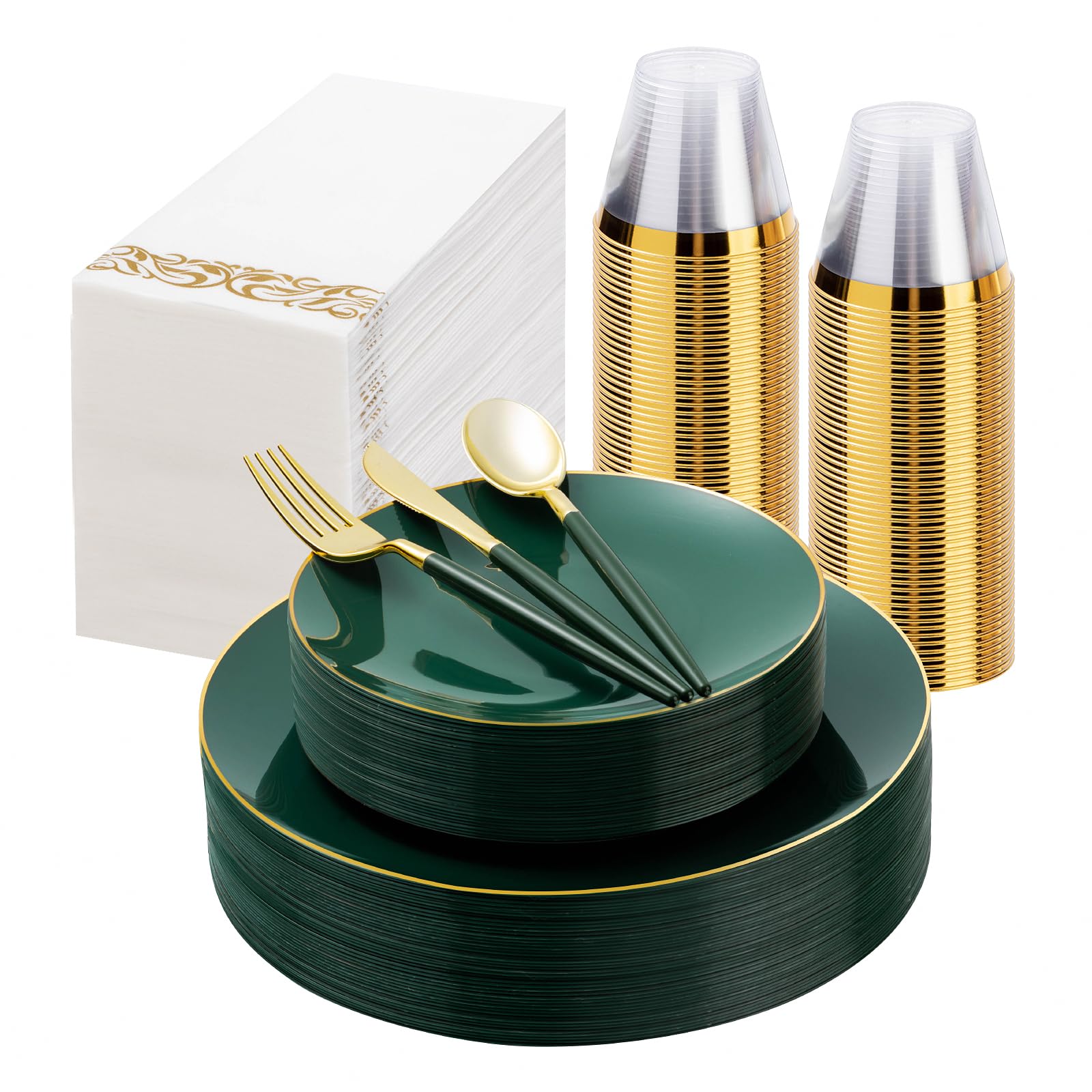Photo 1 of 175 Pieces Green Gold Plastic Dinnerware Set, Gold Disposable Plates for Party, Include 50 Green Plates with 75 Plastic Cutlery, 25 Napkins and 25 Cups