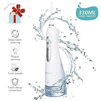 Munddusche Elektrische Kabellos Mundspülgerät Portabel mit 3 Ersatzspitzen, 330ml Wassertank, Zungenreinigeraufsatz, tragbare