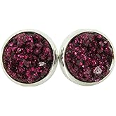Summerfield Collection Silver-tone Maroon with Pink Glitter Faux Druzy Stone Stud Earrings (8mm)