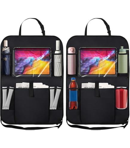 Car Backseat Organizer With Clear Tablet Holder - 10" Tablet Pocket + 5 Storage Pockets, Seat Protector & Kick Mat