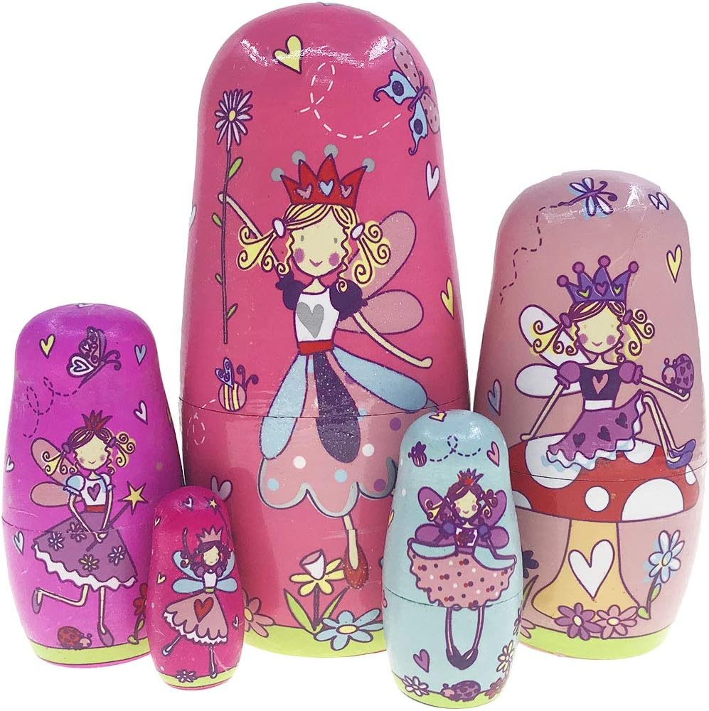 Arsdoll 5PCS Lucy Angel Pricess Cute Pink Nesting Doll Matryoshka Russian Doll Handmade Stacking Toy for Kids Girl Home Decoration