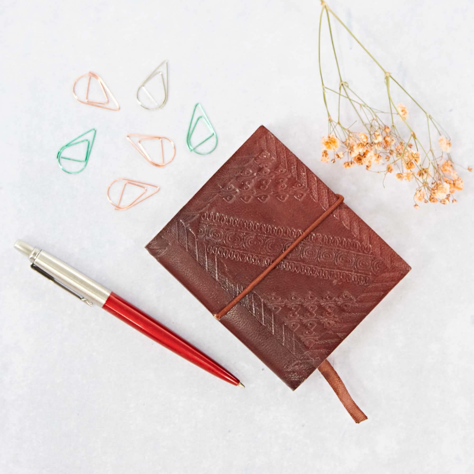 Handmade Embossed Pocket Leather Notebook, Soft Cover and Elastic Closure Journal, Chocolate Brown, 50 Unlined Recycled Paper Pages
