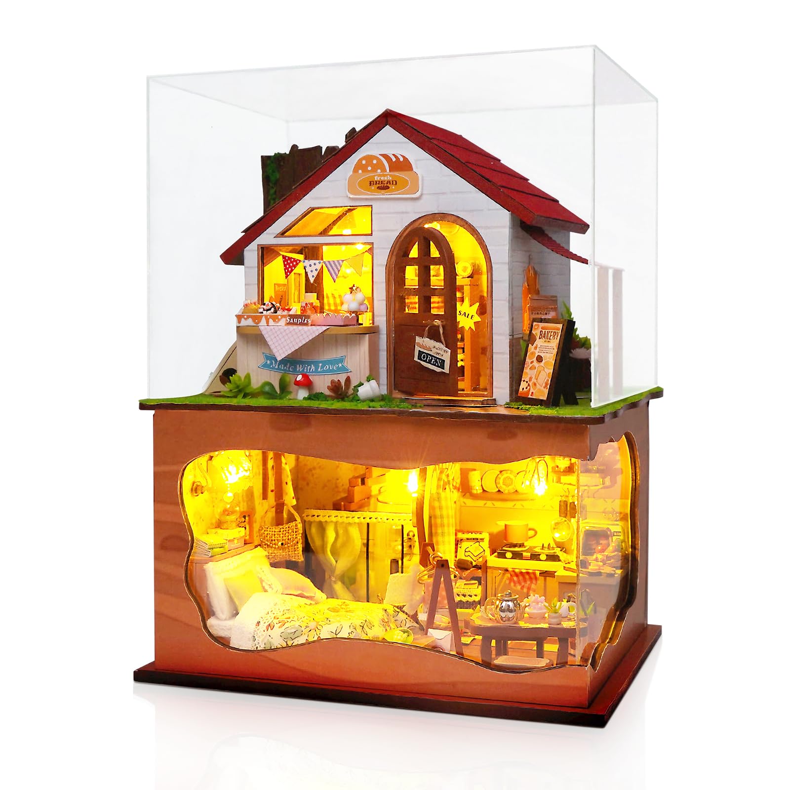 Cuteefun Miniature DIY Dolls House Kit, Wooden Doll house Kit with Furniture and Dust Cover, Handmade Crafts for Adults, 1:24 for Birthday, Valentine's Day, Christmas (Bakehouse)
