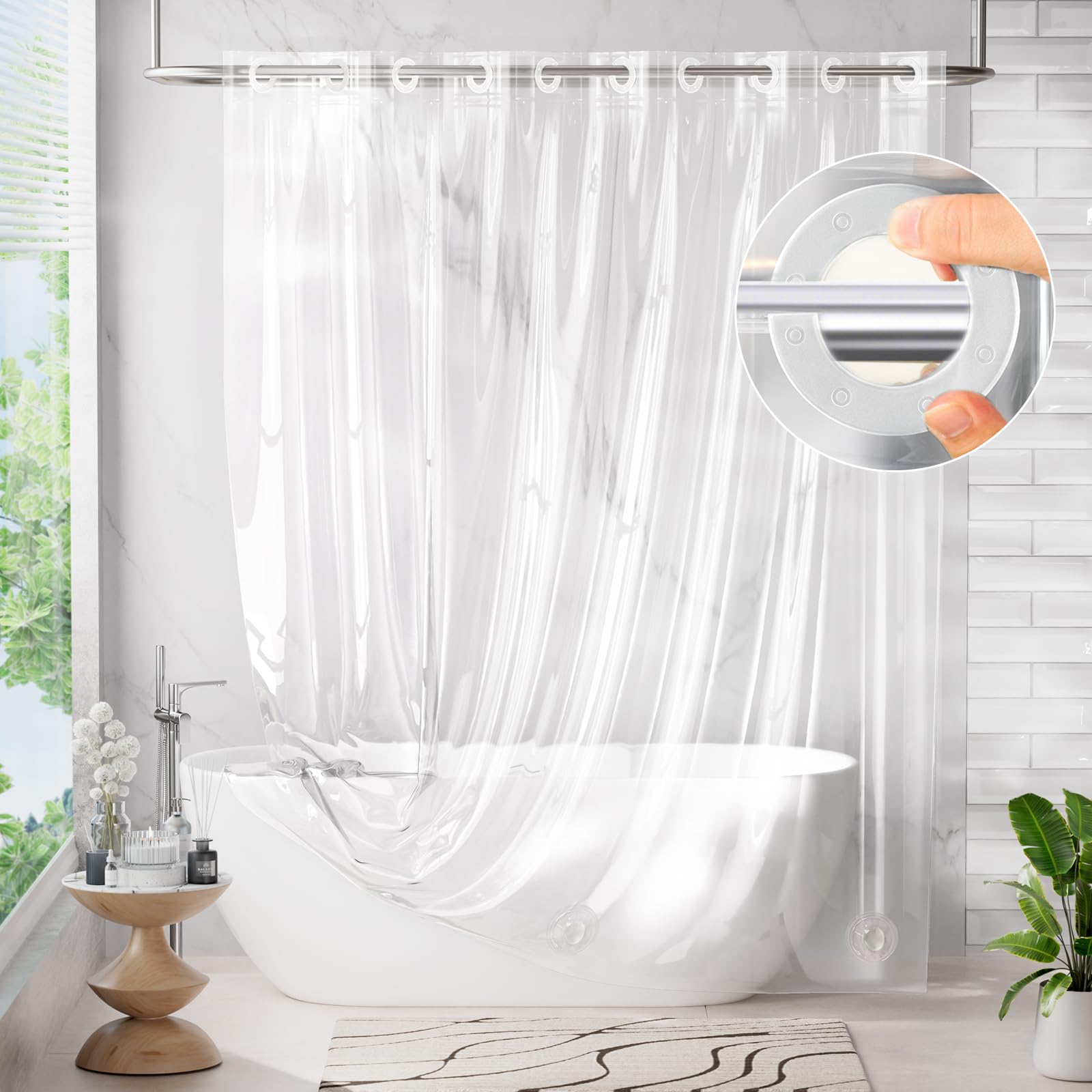Photo 1 of AmazerBath No Hook Shower Curtain and Liner 3-in-1, 8G Luxury Soft Heavy Duty Plastic Clear Shower Curtain, 72x75 Cute 100% EVA Bathroom Weighted No Hook Shower Curtain Liner with 3 Heavyweight Stones