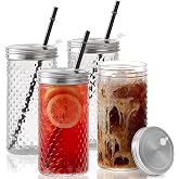 4Pack Glass Tumblers with Stainless Steel Lids and Straws, 24 OZ Wide Mouth Mason Jar Drinking Glasses for Iced Coffee/Tea, Juices and Cocktail, Travel Glass Bottles with Varitey of Patterns