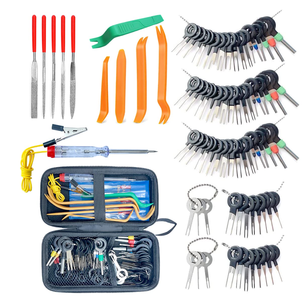 Maerd 87Pcs 5in1 Terminal Pin Removal Tool Kit, Universal Car Electrical Repair Set with Circuit Tester, Terminal Cleaner & Trim Tools