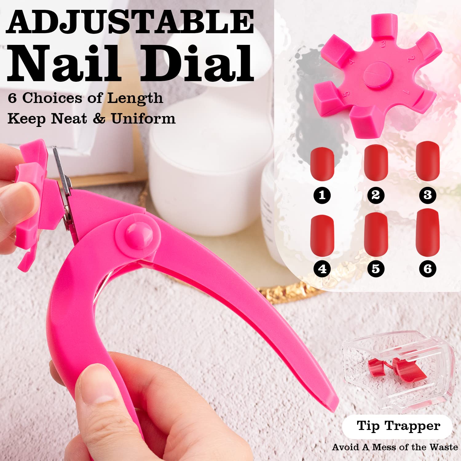 Belleboost Adjustable Acrylic Nail Clippers with Sizer and Catcher, Hot Pink Professional Dial Stainless Steel Blade Nail Tips Cutter, Artificial Fake Nail Trimmer, Manicure Tool for Salon Home - Image 2