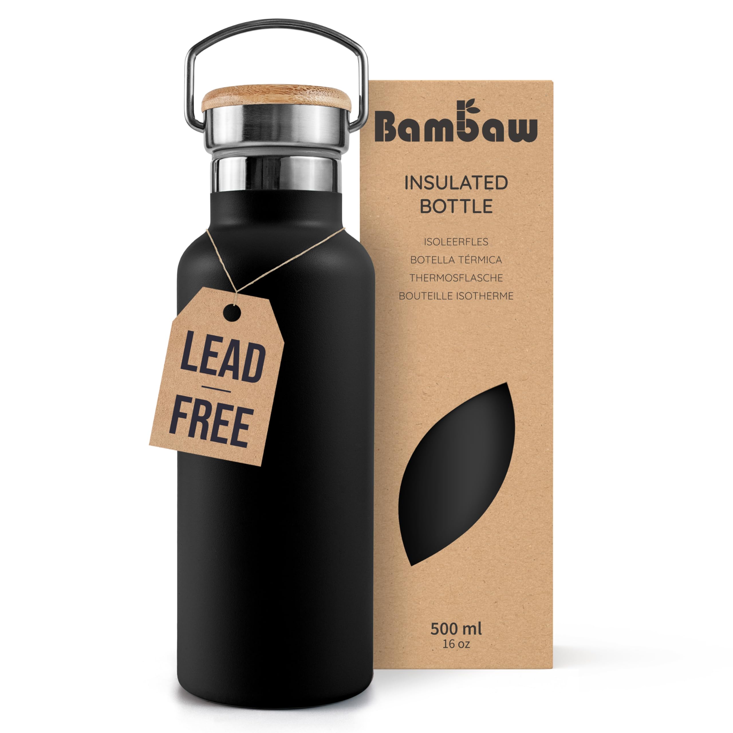 Bambaw Insulated Stainless Steel Water Bottle 500ml, Double-Walled Metal Water Bottle 500ml, Reusable & Lightweight, Easy to Clean & Fits Cup Holder, Great for Travel (Jet Black)