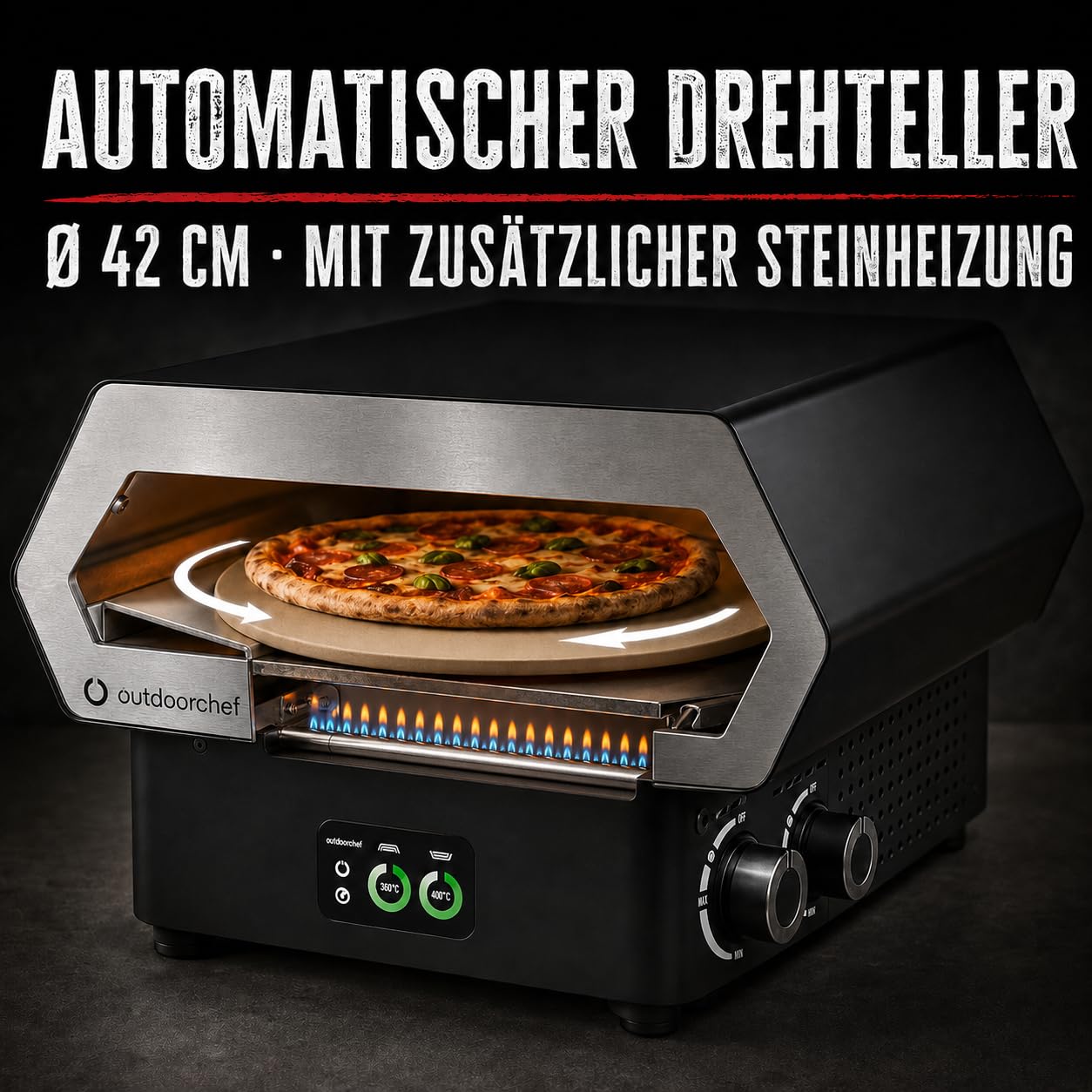 Outdoorchef PRISMO 420 G Gas-Pizzaofen – bis 450 °C, automatisch rotierender Pizzastein Ø 42 cm, Booster-Brenner, getrennte Temperaturregelung und digitales Touch-Display 3
