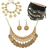 JinYu 5 Set Women Belly Dance Gypsy, Gold Hip Skirt Scarf Wrap Belt, Gold Necklace and Earrings Bracelet Jewelry for Cosplay