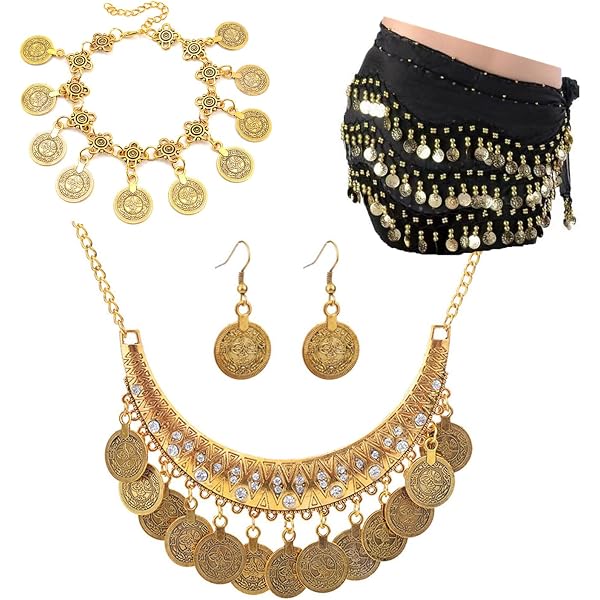 Vulevirtue 7 Pezzi Cintura Sciarpe di Danza Del Ventre,Gonna di Danza Del Ventre Cintura Avvolgente con Orecchini con Monete D'Oro, Collana, Braccialetti e Copricapo per Spettacoli Sul Palco