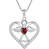 FJ Guardian Angel Necklace 925 Sterling Silver Heart Angel Wings Pendant Birthstone Jewelry for Women