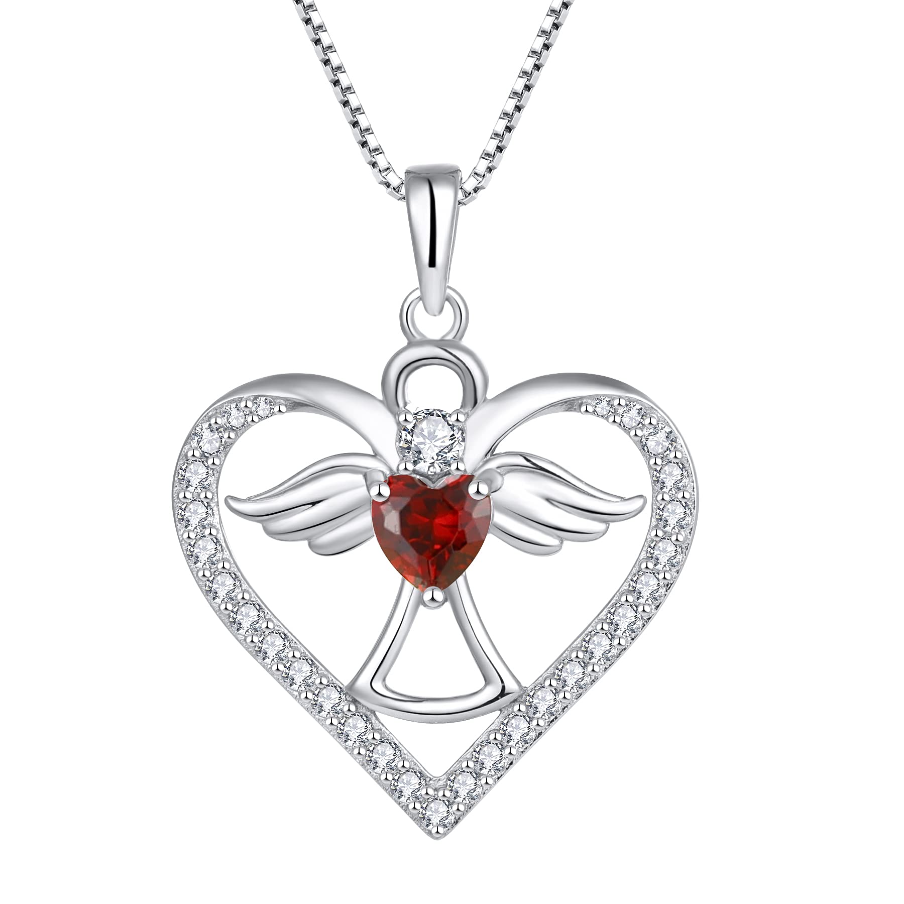 FJ Guardian Angel Necklace 925 Sterling Silver Heart Angel Wings Pendant January Birthstone Necklace Garnet Jewellery for Women