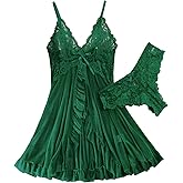 Foxiny Sexy Open Front Ruffle Sheer Mesh Lace Wireless Babydoll Lingerie Dress with Thong 2 Piece