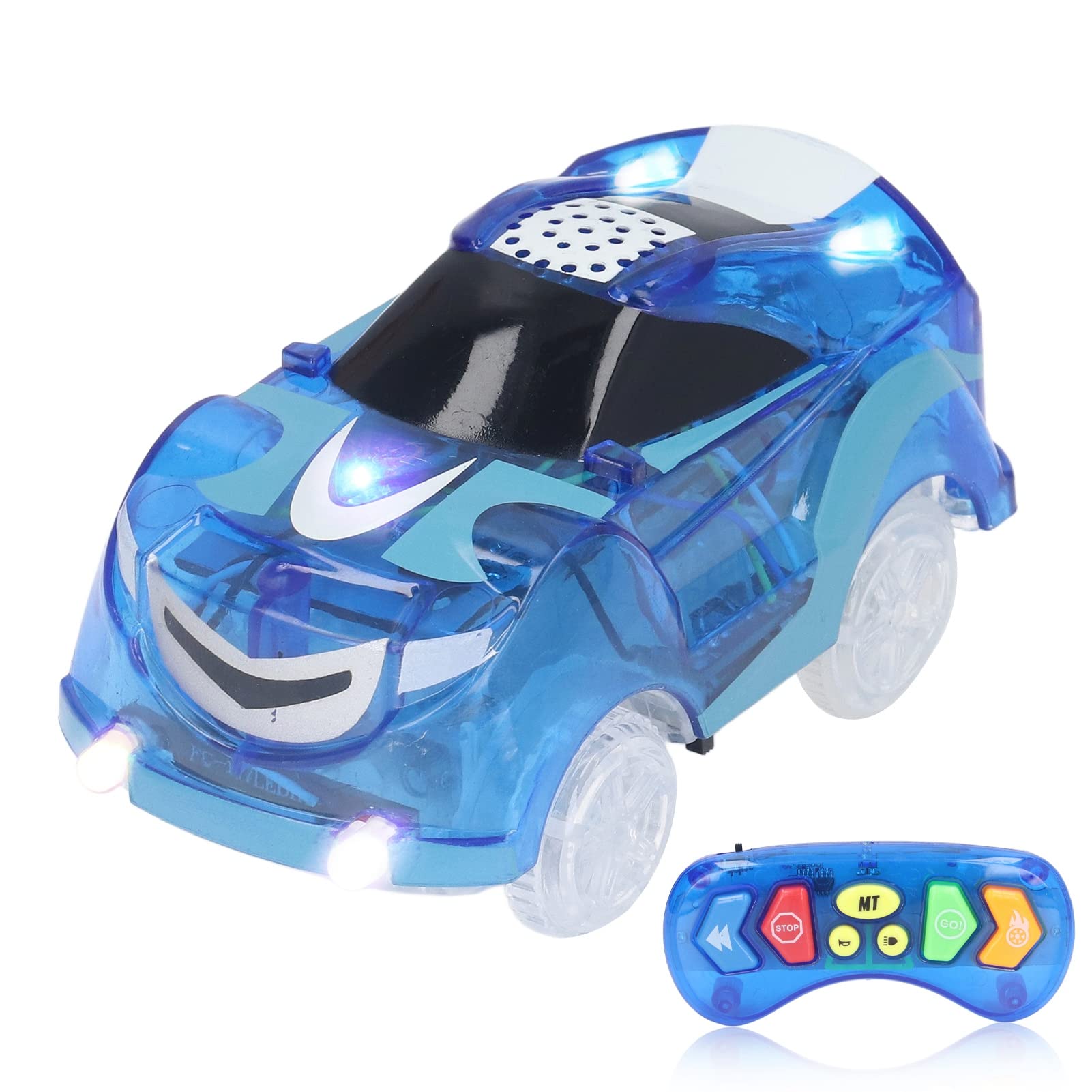 VGEBY Tracks Cars, Tracks Cars 6 LED Lights Remote Control Light Up Track Cars with Music for Children Blue Blue Kids Toys