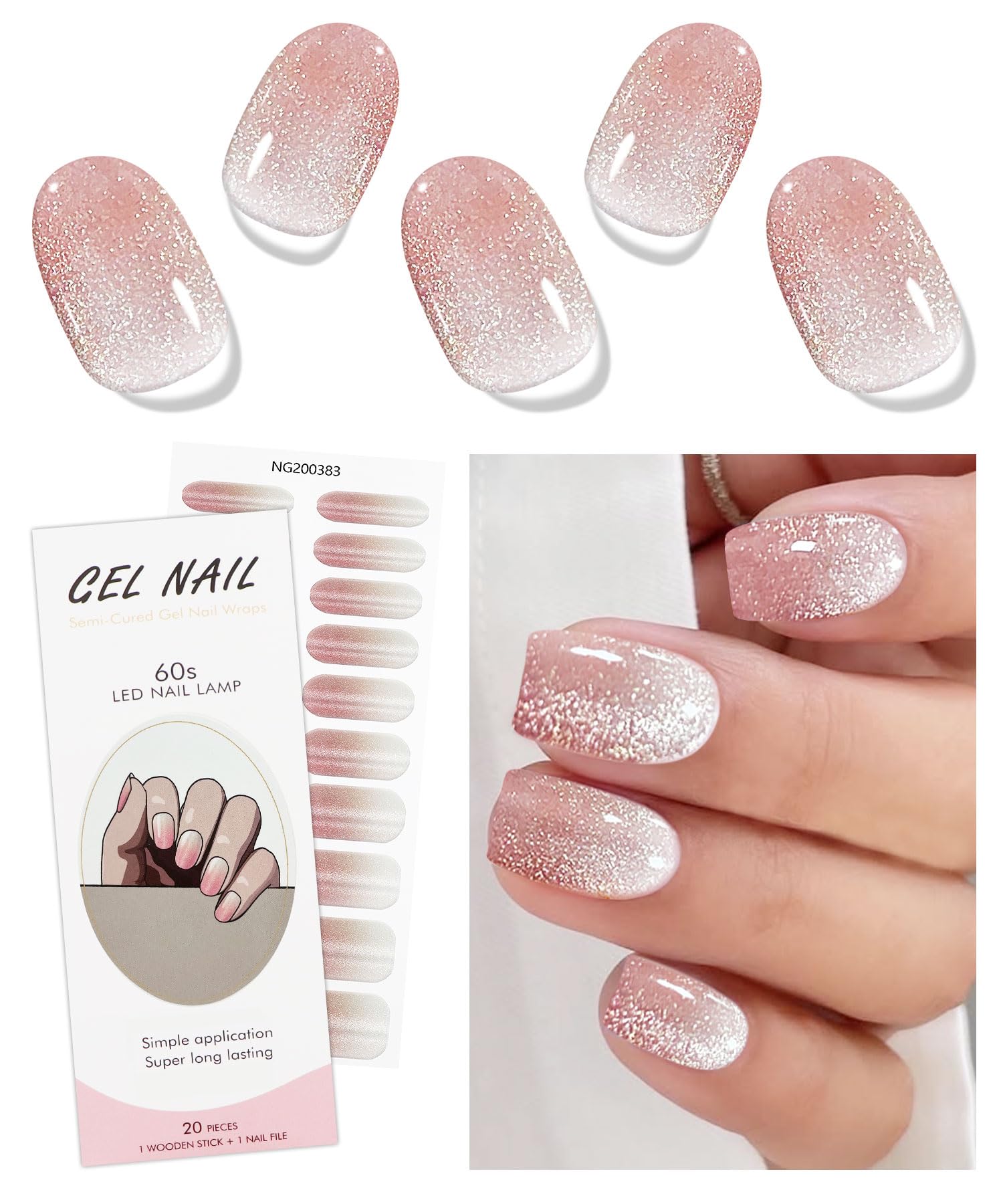 JMEOWIO Gel Nail Stickers Pink Cream Cat Eye Semi Cured Gel Nail Strips Wraps UV/LED Nails Art Design Decoration Accessories