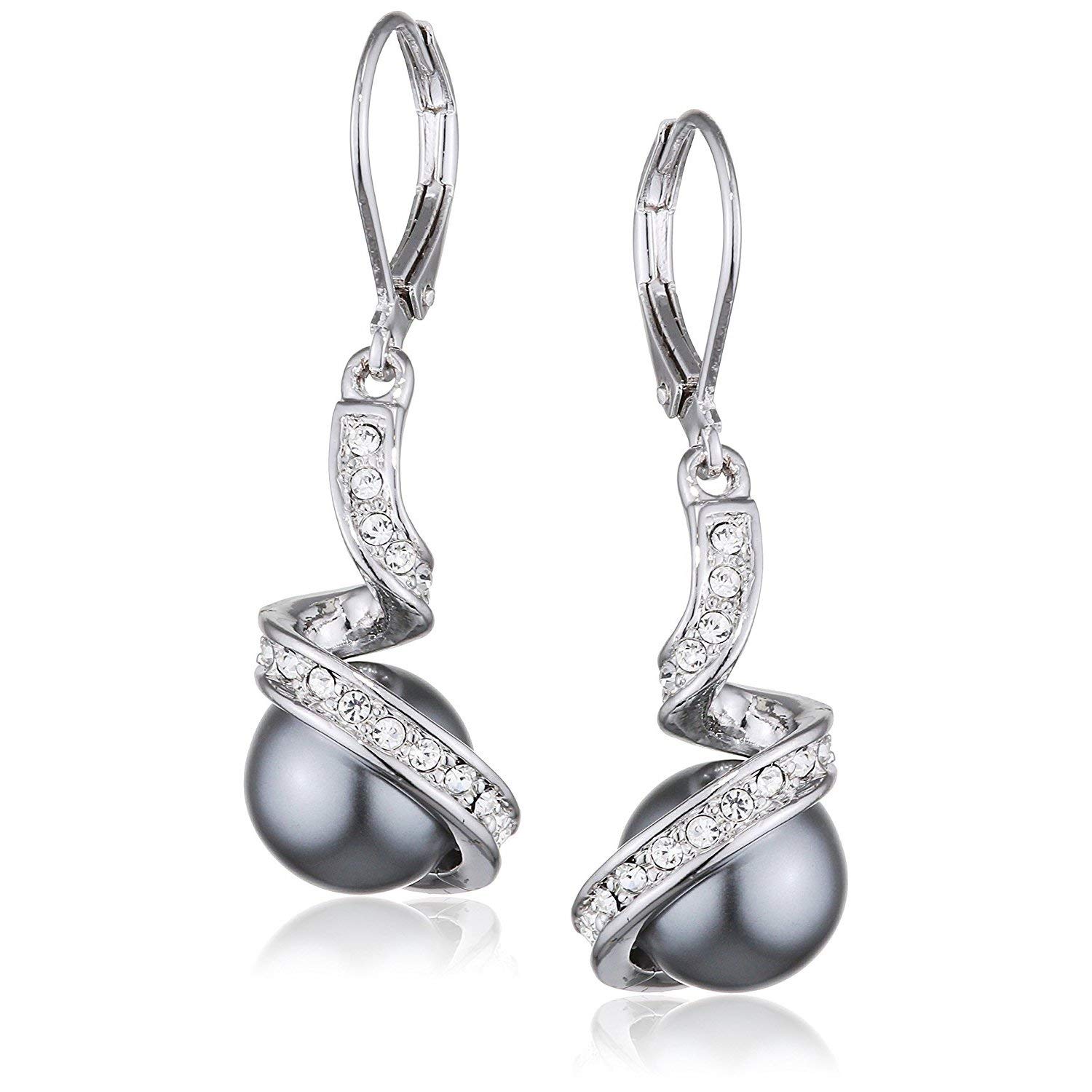 Vogem Grey Pearl Drop Earrings for Women Leverback Earrings With Spiral Cubic Zirconia Silver Dangly Earring Jewellery Gift
